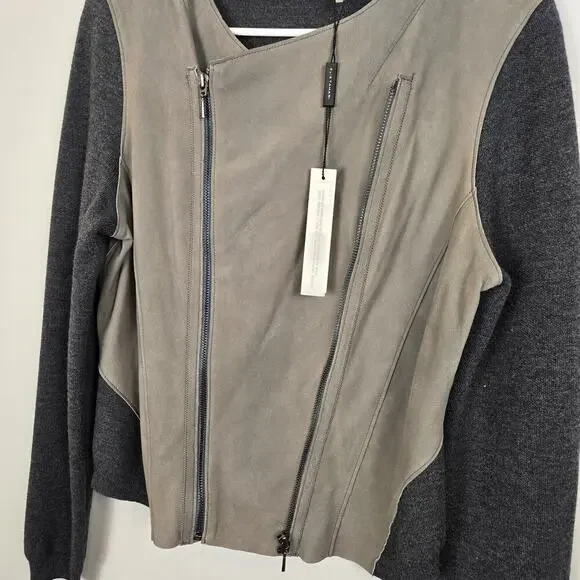 ELIE TAHARI $898 JOPLIN Genuine Lamb Leather MerinoWool Asymmetric Moto Jacket M - Picture 3 of 14